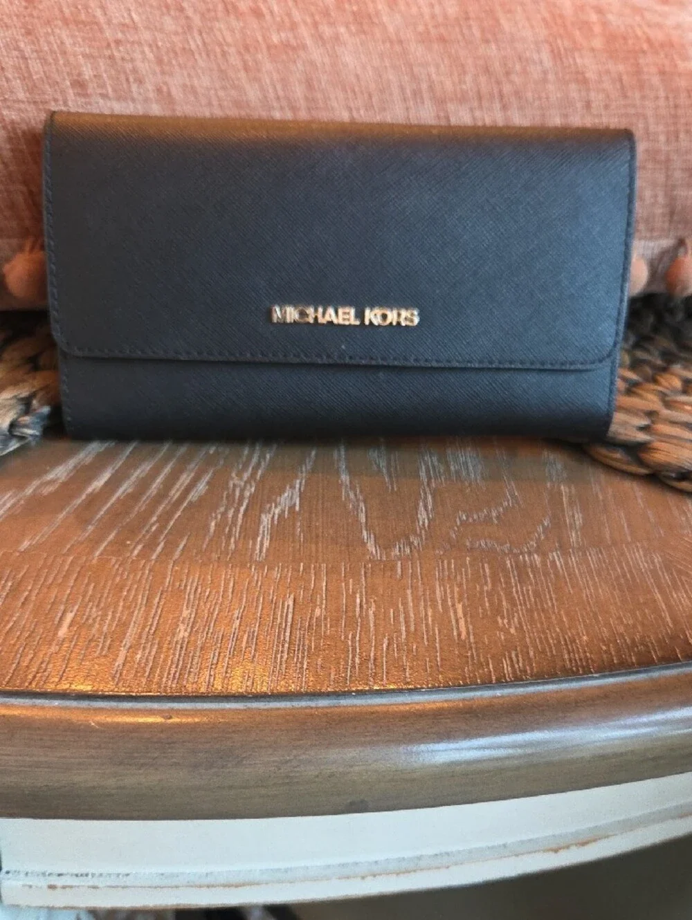 Michael Kors Black Saffiano Leather Trifold Wallet with Gold Logo